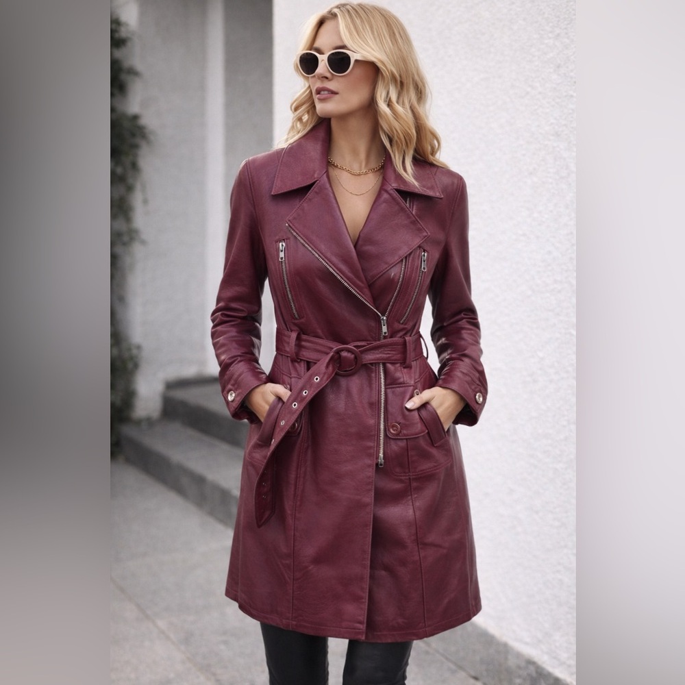 Genuine Leather Fitted Trench Coat with Belt – Burgundy